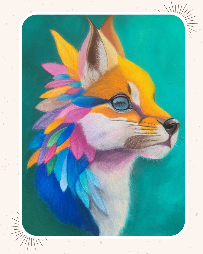 Dessin fantastique aux pastels secs , renard avec plumes colorées, enchantement sauvage