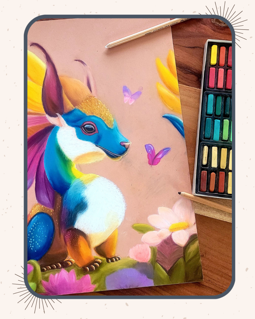 Détail d’un dessin fantastique au pastel sec pour décoration 