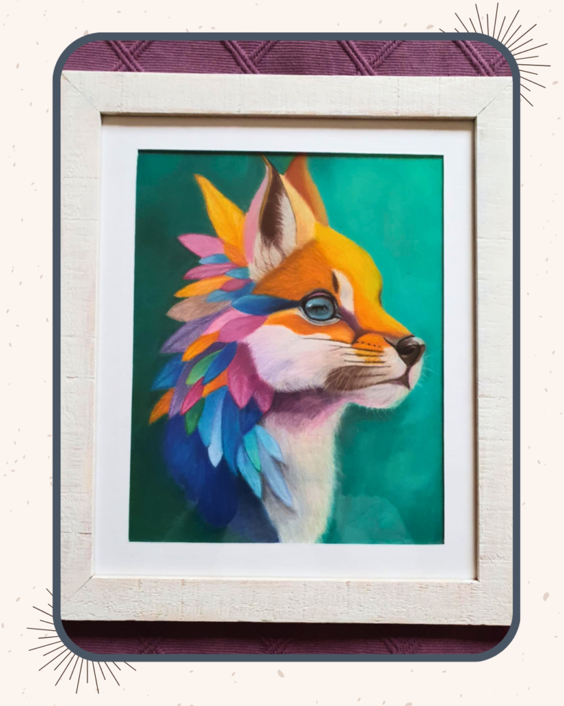  Dessin fantastique au pastel sec encadré dans un salon