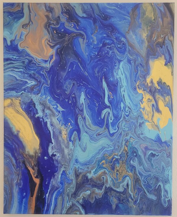 Courant Abyssale - Peinture fluide sur toile - Abstrait avec coulées bleues, turquoises et dorées - 30x40cm