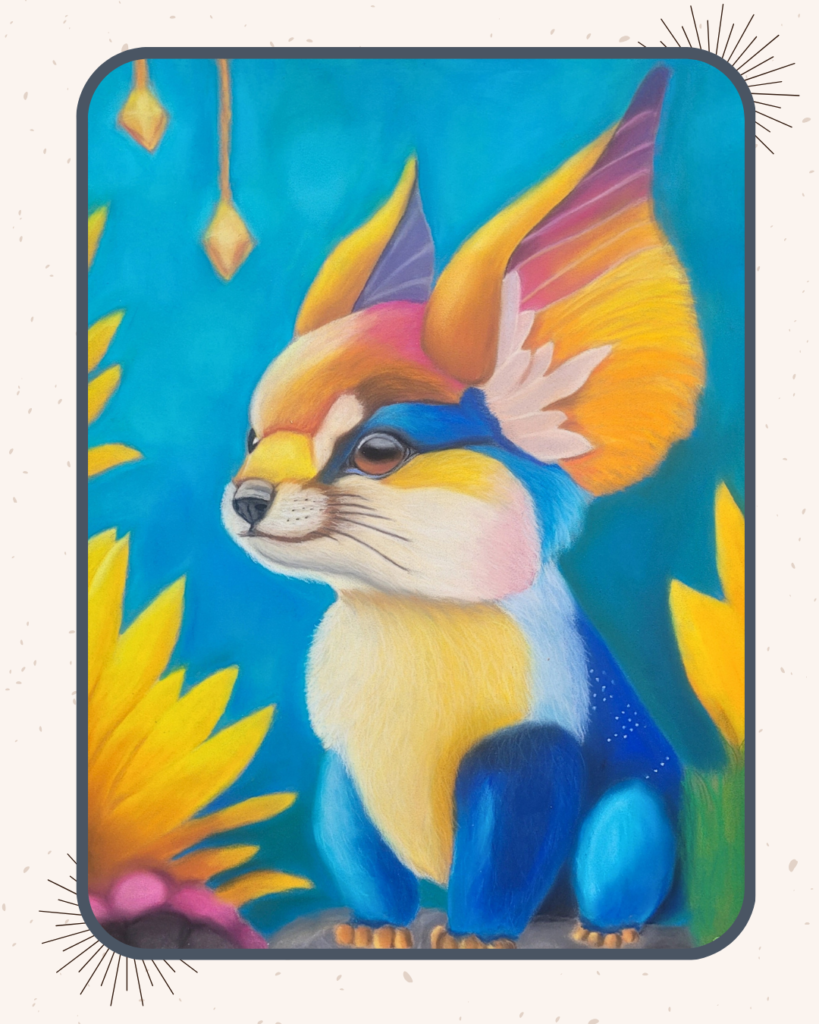 Dessin fantastique aux pastels secs représentant un animal fantastique 