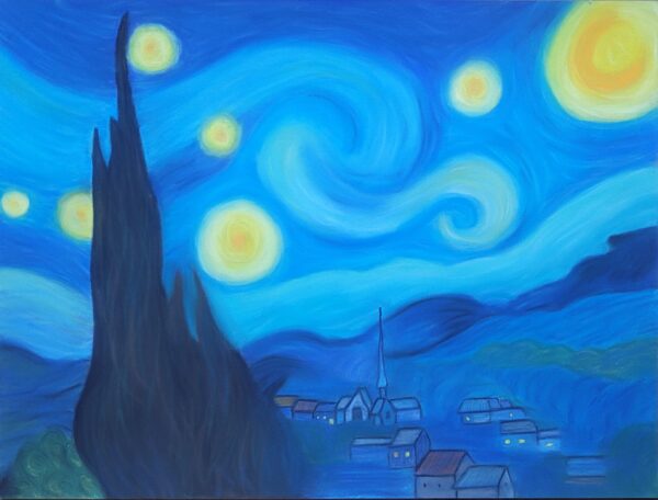 Inspirations étoilées, dessin aux pastels secs inspiré de la nuit étoilée de Van Gogh