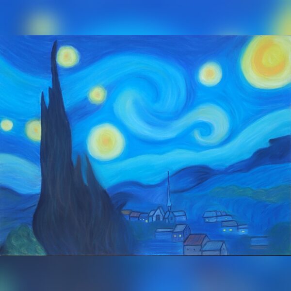 Inspirations étoilées, dessin aux pastels secs inspiré de la nuit étoilée de Van Gogh